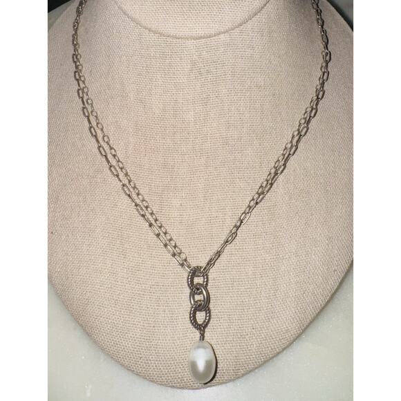 Silpada 925 Sterling Silver Double Chain Drop Necklace Pearl Pendant Toggle - Picture 2 of 6